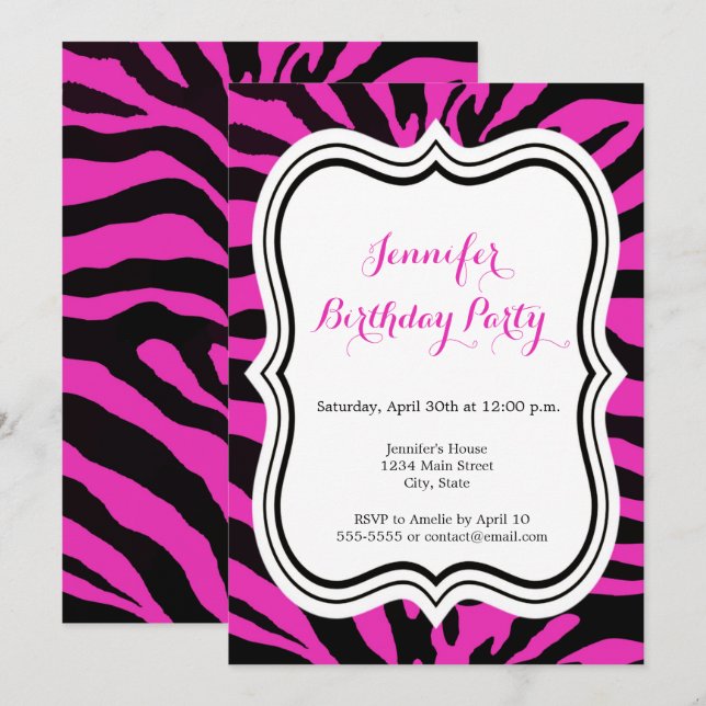 Pink and black zebra fashion girl happy birthday invitation (Front/Back)