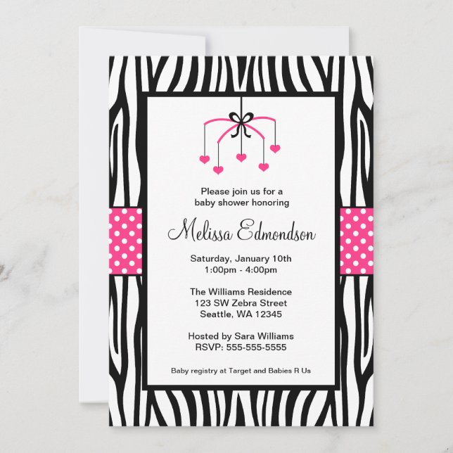 Pink and Black Zebra Heart Mobile Baby Shower Invitation (Front)