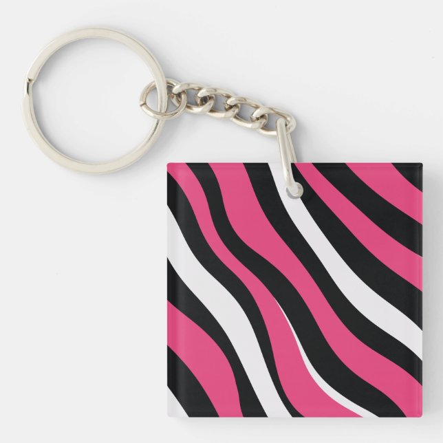 Pink and Black Zebra Stripes Key Ring (Front)