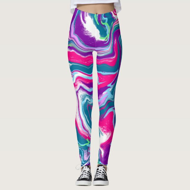 Pink and Blue Abstract Fluid Art   Leggings (Front)