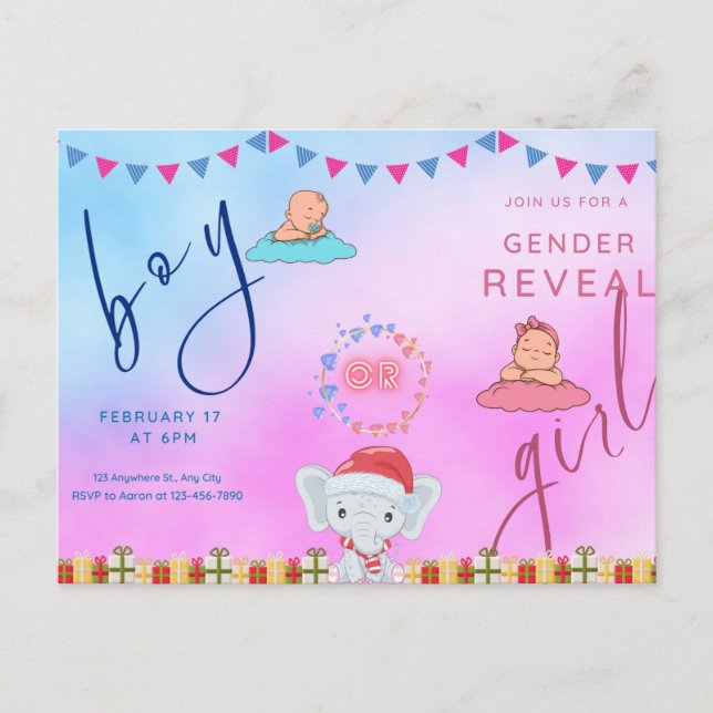 Pink And Blue Abstract Gender Reveal Invitation Postcard (Front)