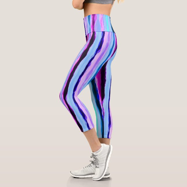 Pink and Blue Abstract Stripes Capri Leggings (Left)