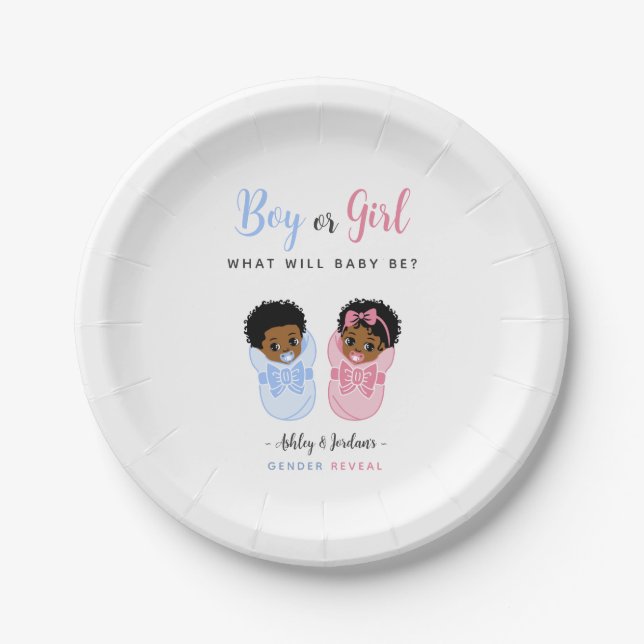 Pink and Blue African American Baby Gender Reveal  Paper Plate (Front)