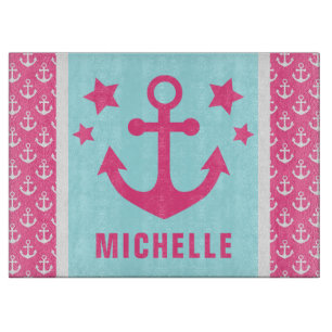 Pink and Blue Anchors Nautical Pattern Cutting Board