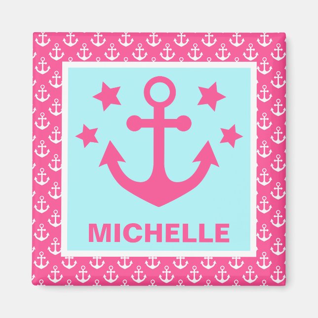 Pink and Blue Anchors Nautical Pattern Magnet (Front)