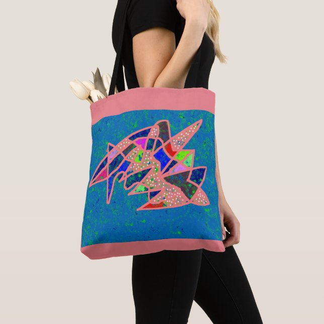 Pink and blue art design patterned tote bag (Close Up)