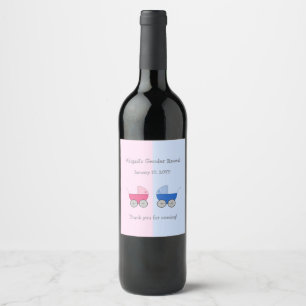 Pink and Blue Baby Carriage Gender Reveal Shower Wine Label
