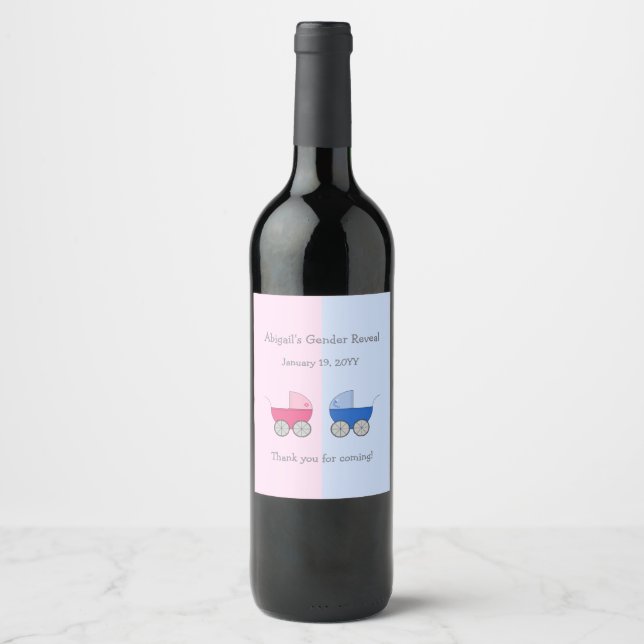 Pink and Blue Baby Carriage Gender Reveal Shower Wine Label (Front)