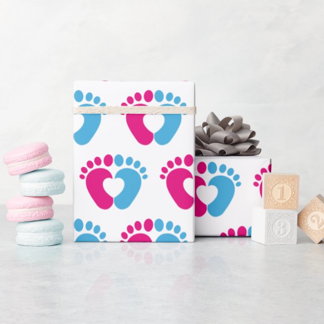 Pink And Blue Baby Footprint Heart  Wrapping Paper (Baby Shower)