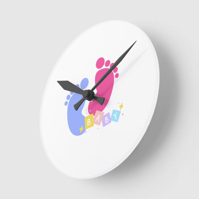 Pink and Blue Baby Footprints and Blocks Round Clock (Angle)