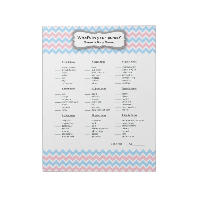 Pink and Blue Baby Shower Game - purse game Notepad (Rotated)