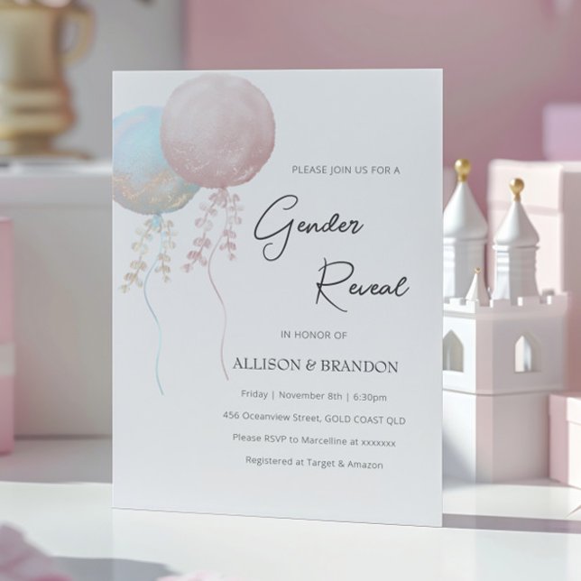 Pink and Blue Balloon Minimalist Gender Reveal Invitation (Creator Uploaded)
