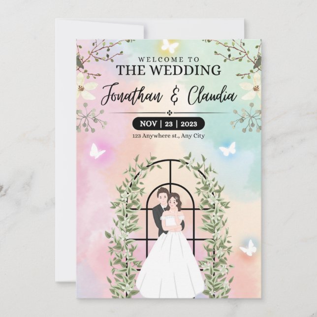 Pink and blue beautiful watercolor wedding invitation (Front)