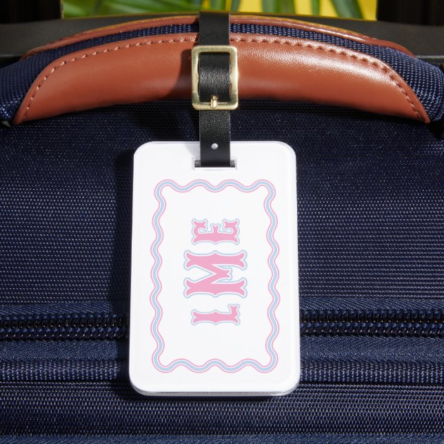 Pink and Blue Bespoke Scalloped Monogram Luggage Tag (Front Insitu 2)
