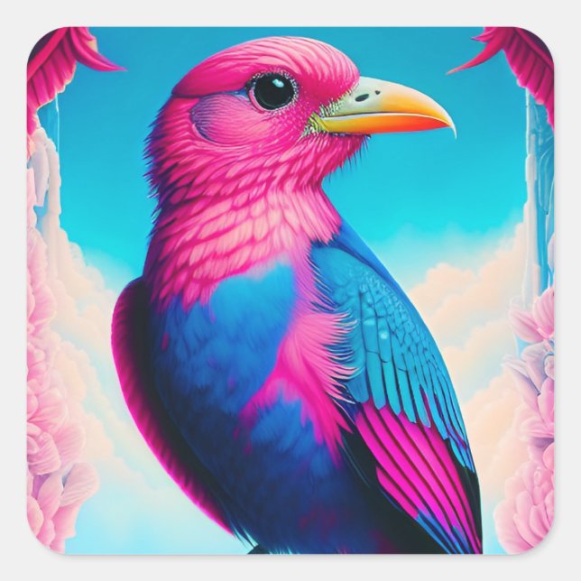 Pink and blue bird square sticker (Front)