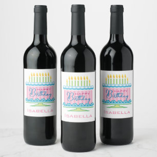Pink And Blue Birthday Cake  Wine Label