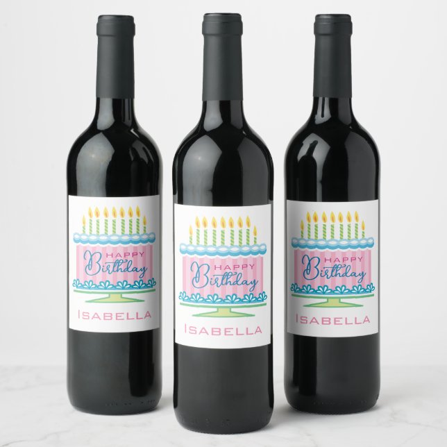 Pink And Blue Birthday Cake  Wine Label (Bottles)