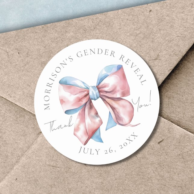Pink And Blue Bow Gender Reveal Classic Round Sticker (Pink And Blue Gender Reveal Classic Round Sticker)