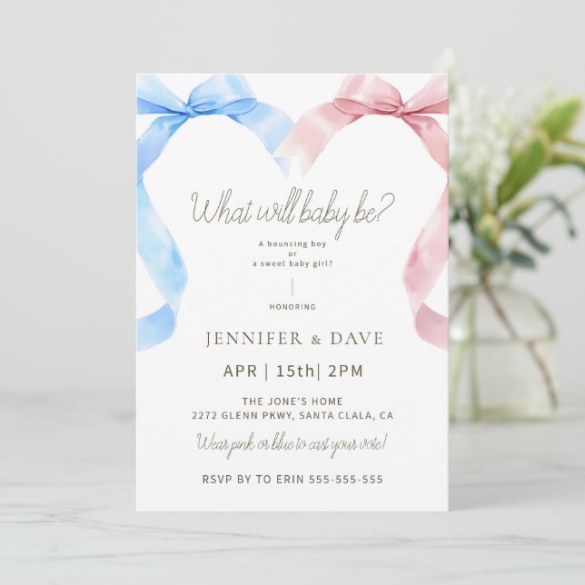 Pink and Blue Bow Gender Reveal Invitation (Standing Front)