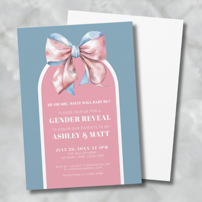 Pink And Blue Bow Gender Reveal Party Invitation (Pink And Blue Bow Gender Reveal Party Invitation)