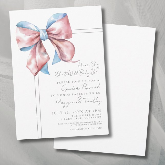 Pink And Blue Bow Gender Reveal Party Invitation (Pink And Blue Bow Gender Reveal Party Invitation)