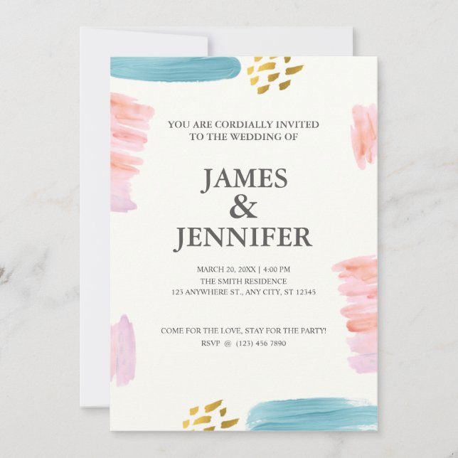 Pink and Blue Brushstroke Watercolor Brush Wedding Invitation (Front)