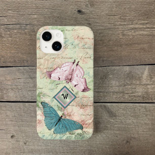 Pink and Blue Butterflies and Roses with Monogram iPhone 14 Case