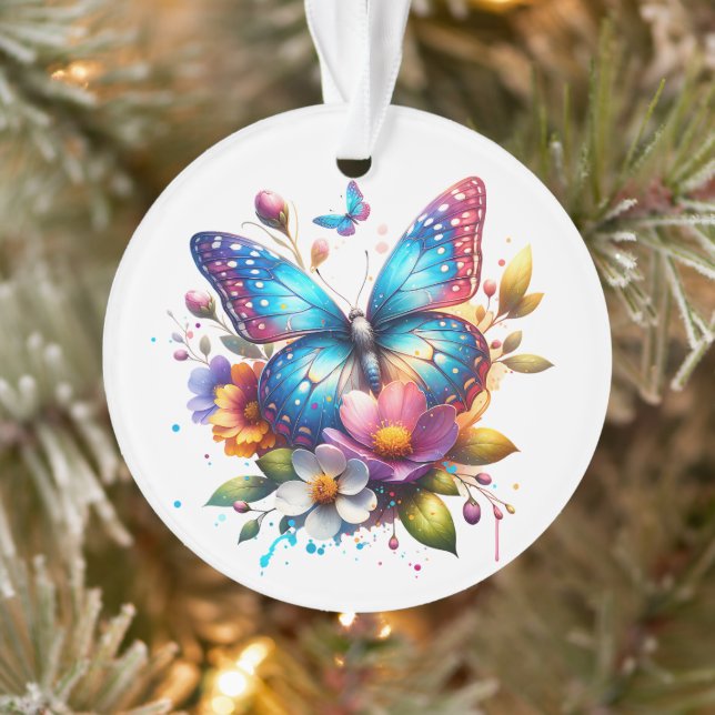 Pink and Blue Butterfly in Flowers Personalised Ornament (Tree)