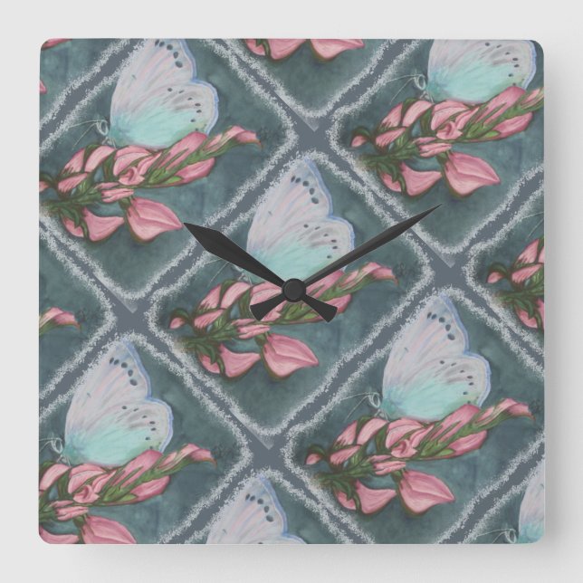 PINK AND BLUE BUTTERFLY SQUARE WALL CLOCK (Front)