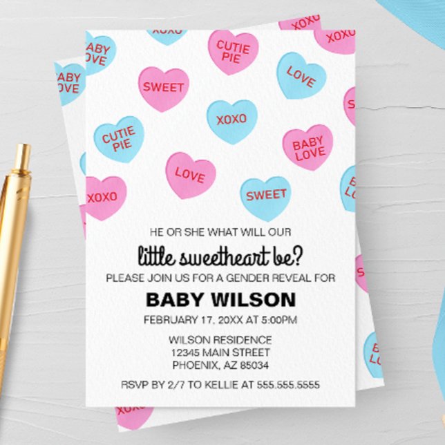 Pink and Blue Candy Hearts Valentine Gender Reveal Invitation (Creator Uploaded)