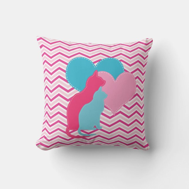 Pink and Blue Cats on ChevronThrow Pillow (Front)