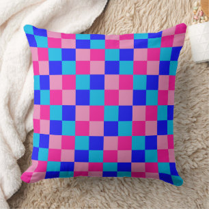 Pink and Blue Checkered Print Cushion