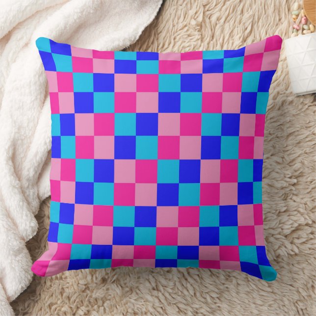Pink and Blue Chequered Print Cushion (Blanket)