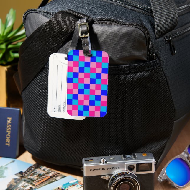 Pink and Blue Chequered Print Luggage Tag (Front & Back)