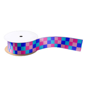 Pink and Blue Chequered Print Satin Ribbon