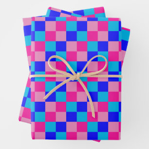 Pink and Blue Chequered Print Wrapping Paper Sheet