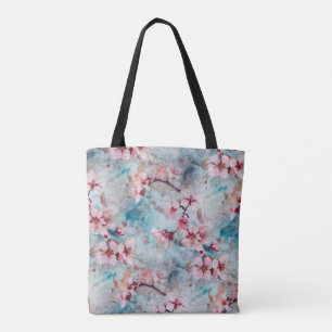 Pink and Blue Cherry Blossom Pattern Tote Bag