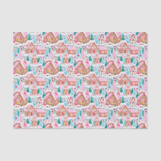 Pink and Blue Christmas Gingerbread Town Tissue Paper (Front)