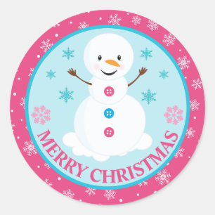 Pink and Blue Christmas Snowman Winter Classic Round Sticker