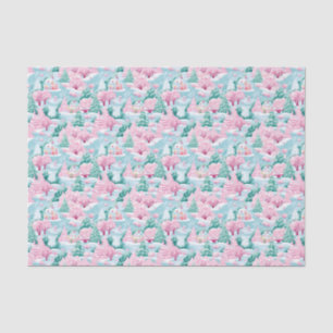 Pink and Blue Christmas Winter Snowy House Tissue Paper
