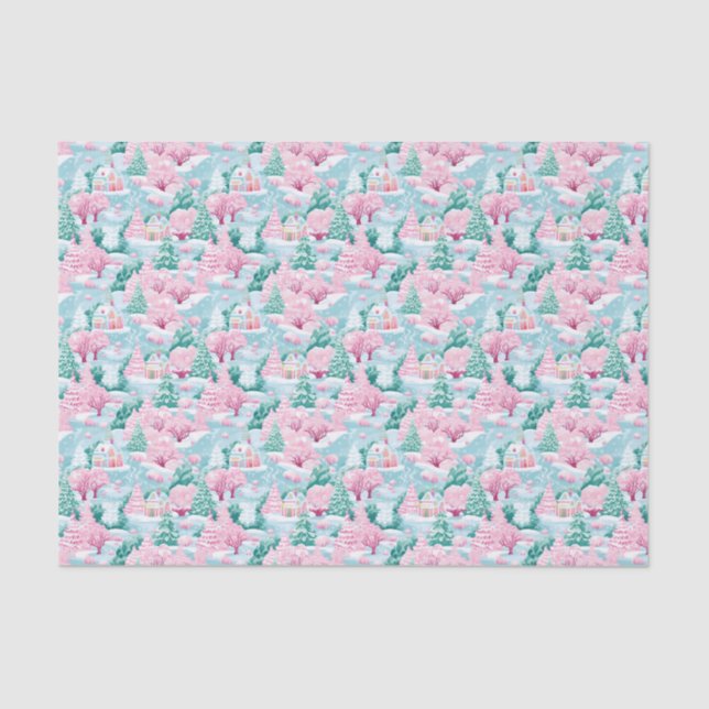 Pink and Blue Christmas Winter Snowy House Tissue Paper (Front)