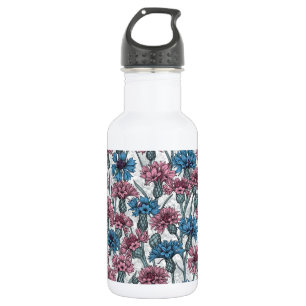 Pink and blue cornflowers, wild flowers on white 532 ml water bottle