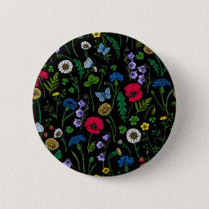 Pink and blue cornflowers, wild flowers on white b 6 cm round badge