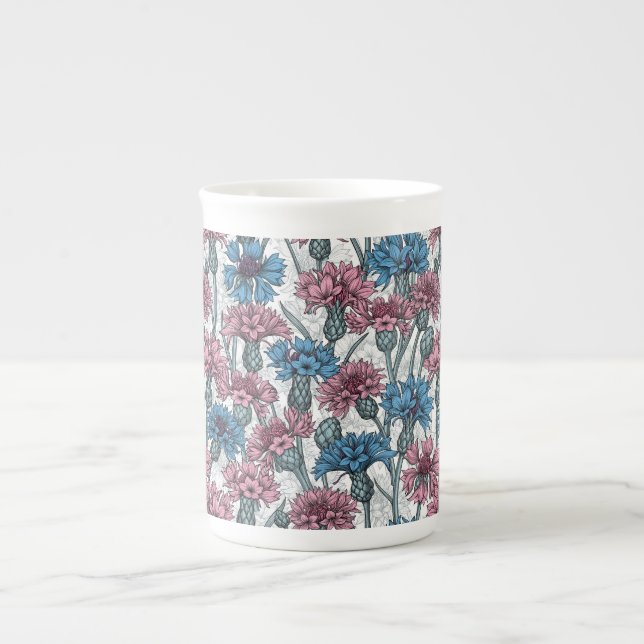 Pink and blue cornflowers, wild flowers on white bone china mug (Front)