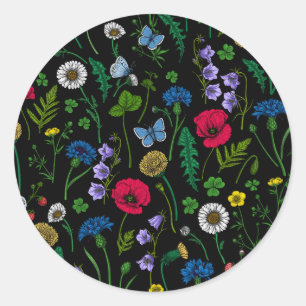Pink and blue cornflowers, wild flowers on white c classic round sticker