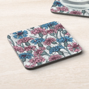 Pink and blue cornflowers, wild flowers on white coaster