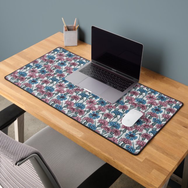 Pink and blue cornflowers, wild flowers on white desk mat (Office 2)
