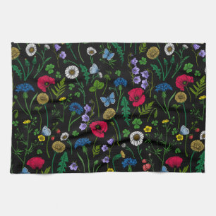 Pink and blue cornflowers, wild flowers on white k tea towel