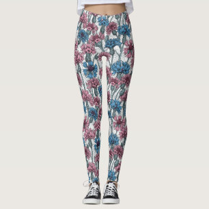 Pink and blue cornflowers, wild flowers on white leggings