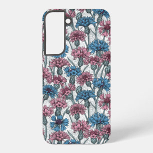 Pink and blue cornflowers, wild flowers on white samsung galaxy case